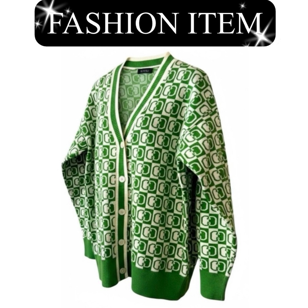 SWEATER: Green & White Cropped Cardigan, NWOT
